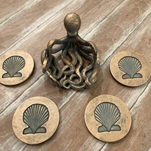 Octopus Coaster Set - Nautical Ocean Beach Sea Shell Coastal Decor - Bronze / Verdigris Finish