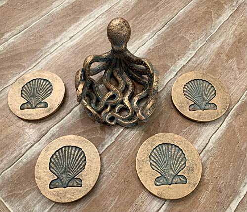 Octopus Coaster Set - Nautical Ocean Beach Sea Shell Coastal Decor - Bronze / Verdigris Finish