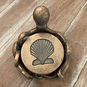 Octopus Coaster Set - Nautical Ocean Beach Sea Shell Coastal Decor - Bronze / Verdigris Finish