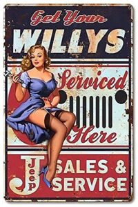 willys serviced here pin-up girl metal vintage tin sign 8×12 inch tin sign