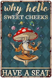 eeypy bathroom art decor mushroom why hello sweet cheeks have a seat tin sign decorations vintage chic metal poster wall decor art gift for bathroom home bar cafe garage man cave 16×12 inch