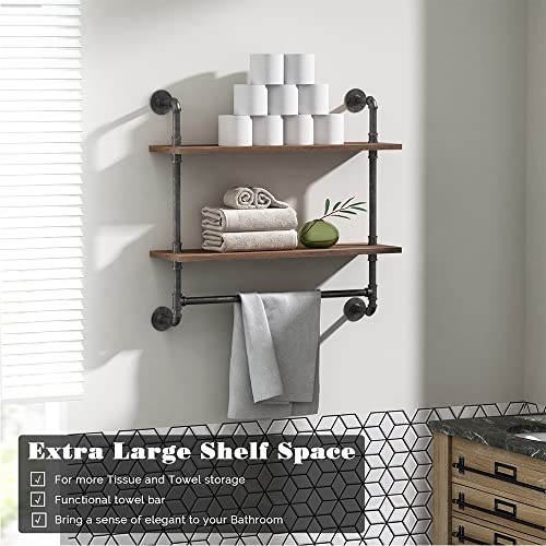 MCleanPin Industrial Pipe Shelves Wall Mount Bathroom Shelf with Towel bar Floating Shelf 2-Tiers 24 in, DIY Open Bookshelves,Metal Towel Rack Bookcase, Real Wood Storage Shelving