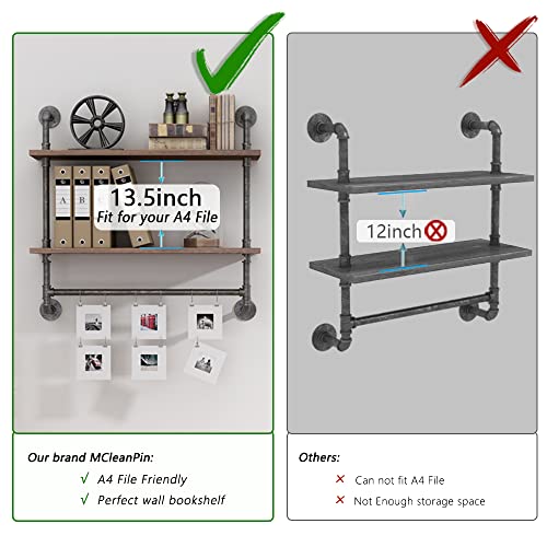 MCleanPin Industrial Pipe Shelves Wall Mount Bathroom Shelf with Towel bar Floating Shelf 2-Tiers 24 in, DIY Open Bookshelves,Metal Towel Rack Bookcase, Real Wood Storage Shelving