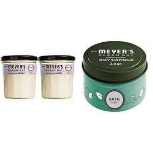 mrs. meyer’s clean day’s tin and glass candle bundle – lavender scented soy aromatherapy candle (2 count), basil scented tin candle (3 candles total)