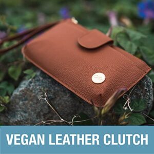CleverMade Premium Zip Pouch Wallet Clutch with Multiple Storage Pockets and Wristlet Strap for Easy Carrying, Durable Vegan Leather Construction, Brown