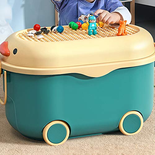 Shozafia Stackable Toy Storage Box with Wheels, Duck Rolling Storage Box with Snap Lid, Handle & Latches (Blue,Large)