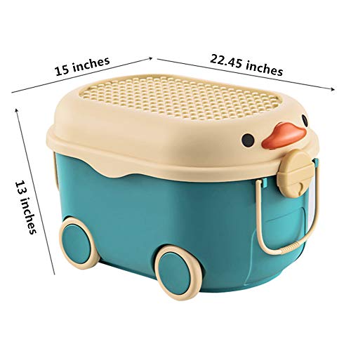 Shozafia Stackable Toy Storage Box with Wheels, Duck Rolling Storage Box with Snap Lid, Handle & Latches (Blue,Large)