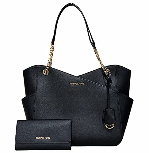 Michael Kors Jet Set Large Chain Tote Black 2021 Bundled with Michael Kors Jet Set Large Black Trifold Wallet