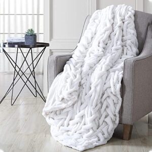 modern threads luxury solid braided faux fur reverse to flannel throw blanket, off white – 50″ x 60″