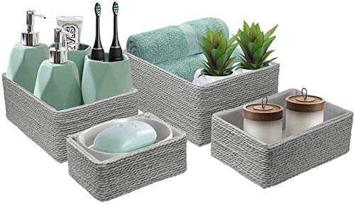 Sorbus Storage Baskets 4-Piece Set - Stackable Woven Basket Paper Rope Bin Boxes for Makeup, -Bathroom, Office Supplies, Bedroom, Closet (Gray)