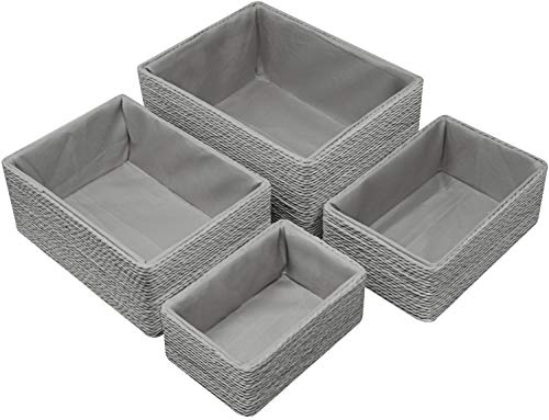 Sorbus Storage Baskets 4-Piece Set - Stackable Woven Basket Paper Rope Bin Boxes for Makeup, -Bathroom, Office Supplies, Bedroom, Closet (Gray)