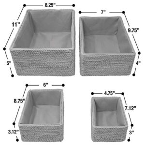 Sorbus Storage Baskets 4-Piece Set - Stackable Woven Basket Paper Rope Bin Boxes for Makeup, -Bathroom, Office Supplies, Bedroom, Closet (Gray)