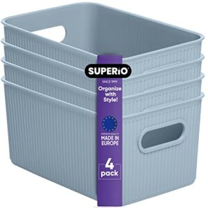 superio decorative plastic open home storage bins organizer baskets, medium blue (4 pack) container boxes for organizing closet shelves drawer shelf – ribbed collection 5 liter
