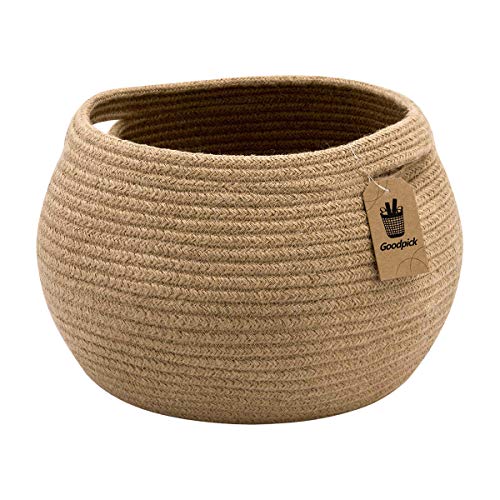 Goodpick Cute Round Basket - Cotton Rope Jute Baskets in Living Room Woven Towel Basket Bedroom Storage Bakset for Children Corner Plant Basket Indoor, Jute, 10"D x 8.3"H