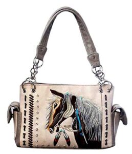 texas west western dales pony horse white mane embroidery feather conceal carry women handbag purse in 5 colors (tan)