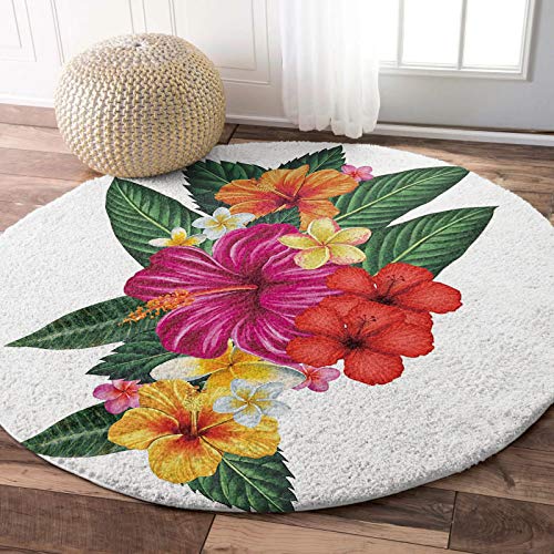 Ultra Soft Round Area Rug 4ft,Hawaiian Tropical Leaf Flowers,Fluffy Shag Absorbent Water Circle Rugs Runners for Living/Dining Room,Hibiscus Plumeria Floral,Non Slip Round Floor Carpet Nursery Rug