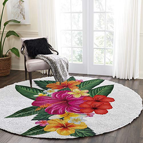 Ultra Soft Round Area Rug 4ft,Hawaiian Tropical Leaf Flowers,Fluffy Shag Absorbent Water Circle Rugs Runners for Living/Dining Room,Hibiscus Plumeria Floral,Non Slip Round Floor Carpet Nursery Rug