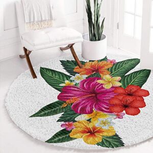 Ultra Soft Round Area Rug 4ft,Hawaiian Tropical Leaf Flowers,Fluffy Shag Absorbent Water Circle Rugs Runners for Living/Dining Room,Hibiscus Plumeria Floral,Non Slip Round Floor Carpet Nursery Rug