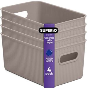 superio decorative plastic open home storage bins organizer baskets, medium taupe (4 pack) container boxes for organizing closet shelves drawer shelf – ribbed collection 5 liter