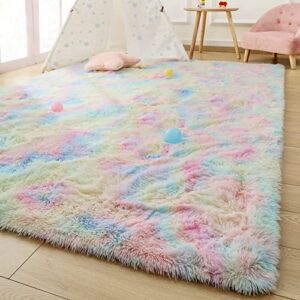 shaggy rainbow rugs for princess bedroom,girls dorm room unicorn decor,fluffy colorful carpet for kids toddler,soft plush play mat for baby nursery,furry area rug for living room,3×5 tie-dye pink rug