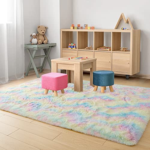 Shaggy Rainbow Rugs for Princess Bedroom,Girls Dorm Room Unicorn Decor,Fluffy Colorful Carpet for Kids Toddler,Soft Plush Play Mat for Baby Nursery,Furry Area Rug for Living Room,3x5 Tie-Dye Pink Rug