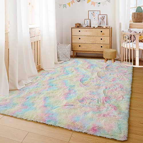 Shaggy Rainbow Rugs for Princess Bedroom,Girls Dorm Room Unicorn Decor,Fluffy Colorful Carpet for Kids Toddler,Soft Plush Play Mat for Baby Nursery,Furry Area Rug for Living Room,3x5 Tie-Dye Pink Rug