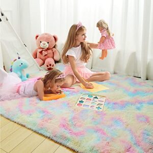 Shaggy Rainbow Rugs for Princess Bedroom,Girls Dorm Room Unicorn Decor,Fluffy Colorful Carpet for Kids Toddler,Soft Plush Play Mat for Baby Nursery,Furry Area Rug for Living Room,3x5 Tie-Dye Pink Rug