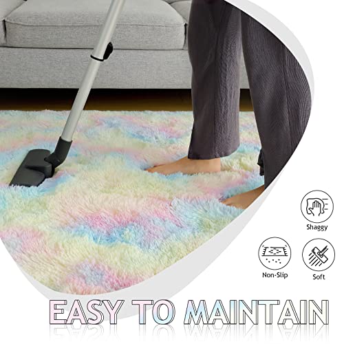 Shaggy Rainbow Rugs for Princess Bedroom,Girls Dorm Room Unicorn Decor,Fluffy Colorful Carpet for Kids Toddler,Soft Plush Play Mat for Baby Nursery,Furry Area Rug for Living Room,3x5 Tie-Dye Pink Rug