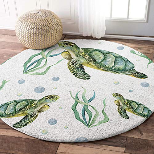 Ultra Soft Round Area Rug 4ft, Ocean Turtles, Fluffy Shag Absorbent Water Circle Rugs Runners for Living/Dining Room/Bedroom, Green Seagrass, Non Slip Round Floor Carpet Nursery Rug, Modern Home Decor