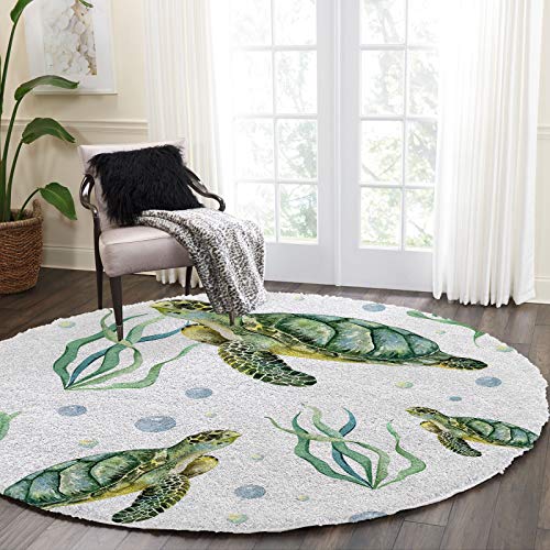 Ultra Soft Round Area Rug 4ft, Ocean Turtles, Fluffy Shag Absorbent Water Circle Rugs Runners for Living/Dining Room/Bedroom, Green Seagrass, Non Slip Round Floor Carpet Nursery Rug, Modern Home Decor