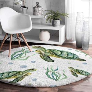 Ultra Soft Round Area Rug 4ft, Ocean Turtles, Fluffy Shag Absorbent Water Circle Rugs Runners for Living/Dining Room/Bedroom, Green Seagrass, Non Slip Round Floor Carpet Nursery Rug, Modern Home Decor