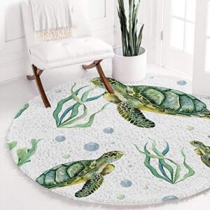 Ultra Soft Round Area Rug 4ft, Ocean Turtles, Fluffy Shag Absorbent Water Circle Rugs Runners for Living/Dining Room/Bedroom, Green Seagrass, Non Slip Round Floor Carpet Nursery Rug, Modern Home Decor