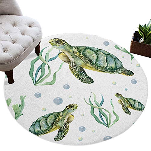 Ultra Soft Round Area Rug 4ft, Ocean Turtles, Fluffy Shag Absorbent Water Circle Rugs Runners for Living/Dining Room/Bedroom, Green Seagrass, Non Slip Round Floor Carpet Nursery Rug, Modern Home Decor