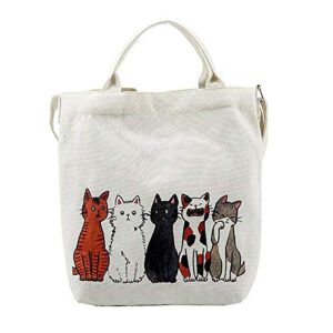 eatingbiting 12.60” women cartoon lucky cats canvas tote shopping handbag beach purse shoulder bag