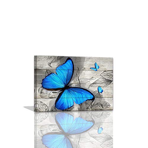 Butterfly Decor for Bathroom Blue Wall Art for Office Butterfly Room Decorations Art Paintings for Bedroom Blue Butterfly Prints Wooden Background Decorations for The Home Framed Wall Art 12x16inch