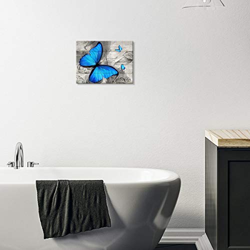 Butterfly Decor for Bathroom Blue Wall Art for Office Butterfly Room Decorations Art Paintings for Bedroom Blue Butterfly Prints Wooden Background Decorations for The Home Framed Wall Art 12x16inch