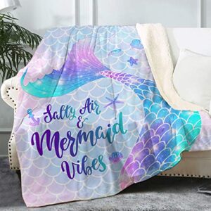bonsai tree mermaid blanket, cute mermaid tail scales fuzzy soft cozy warm mermaid throw blanket for girls women, thick glitter purple pink flannel blanket for couch bed living room, 50” x 60”