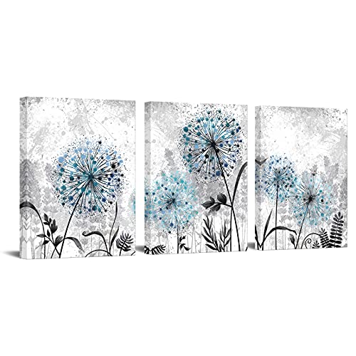 RnnJoile Blue Dandelion Wall Art Set 3 Pieces Grey Abstract Flower Canvas Artwork 12"x16" for Each