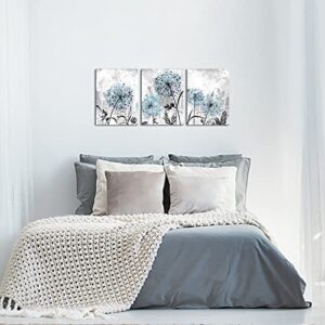 RnnJoile Blue Dandelion Wall Art Set 3 Pieces Grey Abstract Flower Canvas Artwork 12"x16" for Each