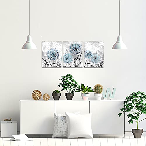 RnnJoile Blue Dandelion Wall Art Set 3 Pieces Grey Abstract Flower Canvas Artwork 12"x16" for Each