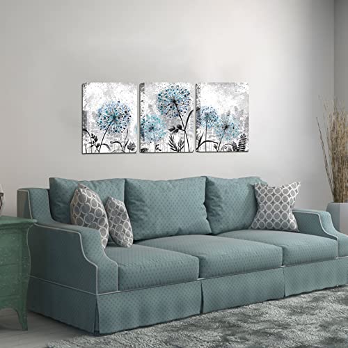 RnnJoile Blue Dandelion Wall Art Set 3 Pieces Grey Abstract Flower Canvas Artwork 12"x16" for Each