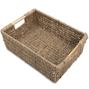 large wicker basket rectangular with wooden handles, seagrass basket storage, natural baskets for organizing, wicker baskets for shelves 15.5 x 10.6 x 5.5 inches