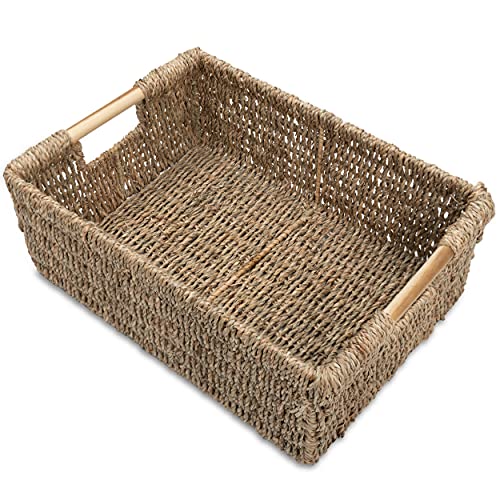 Large Wicker Basket Rectangular with Wooden Handles, Seagrass Basket Storage, Natural Baskets for Organizing, Wicker Baskets for Shelves 15.5 x 10.6 x 5.5 inches