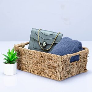 Large Wicker Basket Rectangular with Wooden Handles, Seagrass Basket Storage, Natural Baskets for Organizing, Wicker Baskets for Shelves 15.5 x 10.6 x 5.5 inches