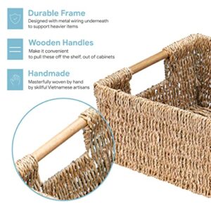 Large Wicker Basket Rectangular with Wooden Handles, Seagrass Basket Storage, Natural Baskets for Organizing, Wicker Baskets for Shelves 15.5 x 10.6 x 5.5 inches