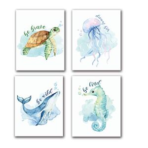 lonlonbang funny watercolor ocean life quotes art print, picture poster for nursery kids girls bedroom bathroom home decor, sea turtle sea horse jellyfish whale, set of 4 (8”x10”), no frame