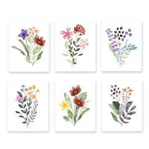 xuoiaynb watercolor minimalist wildflowers art print, modern botanical plant leaves canvas wall art (8″x10″x6pcs, unframed), colorful floral flower print for garden farmhouse bedroom decor