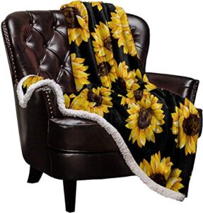 sunflower sherpa fleece blanket, super thick and warm cozy luxury blanket 40″x50″, vintage floral yellow sunflower black background bed blanket, fluffy plush microfiber throw blanket for couch