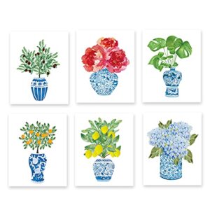 chinoiserie plant wall art print, chinese blue white porcelain vase canvas wall art (8″x10″x6 pcs, unframed), watercolor flowers botanical plant art print for bedroom farmhouse garden decoration