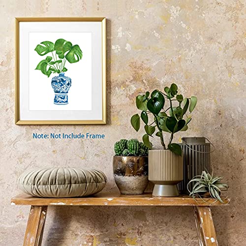 Chinoiserie Plant Wall Art Print, Chinese Blue White Porcelain Vase Canvas Wall Art (8"x10"x6 pcs, Unframed), Watercolor Flowers Botanical Plant Art Print for Bedroom Farmhouse Garden Decoration